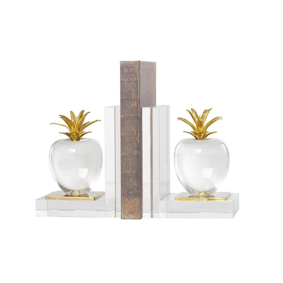 Clear Crystal Fruit Apple Bookends with Gold Leaves Set of 2 4