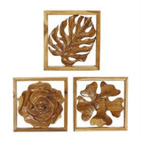 Brown Teak Wood Floral Handmade Framed Carved Leaf and Wall Decor, Set of 3 14", 14", 15"W