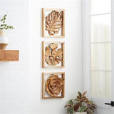 Brown Teak Wood Floral Handmade Framed Carved Leaf and Wall Decor, Set of 3 14", 14", 15"W