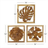 Brown Teak Wood Floral Handmade Framed Carved Leaf and Wall Decor, Set of 3 14", 14", 15"W