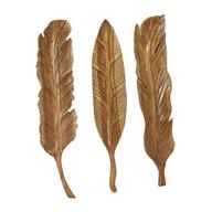 Brown Teak Wood Bird Handmade Carved Feather Wall Decor, Set of 3 7"W, 27"H