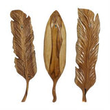 Brown Teak Wood Bird Handmade Carved Feather Wall Decor, Set of 3 7"W, 27"H