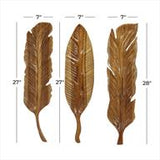 Brown Teak Wood Bird Handmade Carved Feather Wall Decor, Set of 3 7"W, 27"H