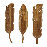 Brown Teak Wood Bird Handmade Carved Feather Wall Decor, Set of 3 7"W, 27"H