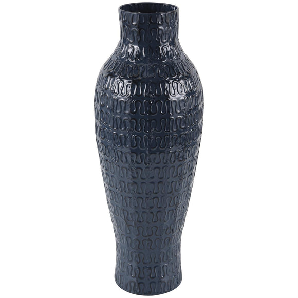 Dark Blue Metal Dimensional Textured Vase with Wavy Pattern - 9