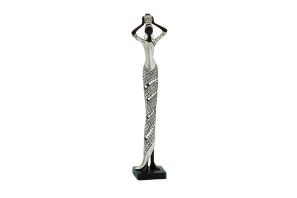 Silver Polystone Women Standing African Sculpture with Mosaic Details - 4