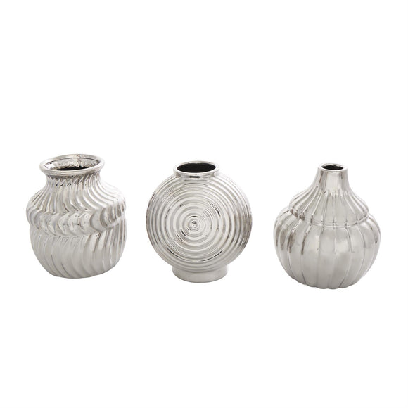 Silver Ceramic Abstract Small Textured Vase with Varying Shapes and Patterns Set of 3 - 5