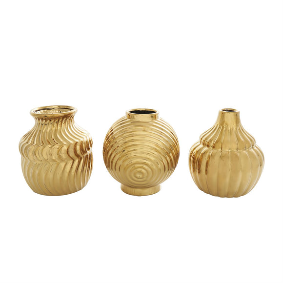 Gold Ceramic Abstract Small Textured Vase with Varying Shapes and Patterns Set of 3 5