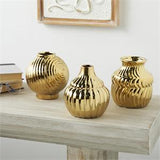 Gold Ceramic Abstract Small Textured Vase with Varying Shapes and Patterns Set of 3 5"Wx 6"H