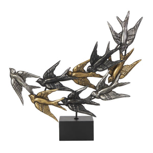 Black Metal Bird MetalIic Flying Sculpture with Black Block Base - 20" X 4" X 19"