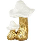 Gold Ceramic Mushroom Sculpture with White Tops and Textured Grooves - 7" X 6" X 10"