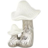 Silver Ceramic Mushroom Sculpture with White Tops and Textured Grooves  - 7" X 6" X 10"