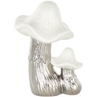 Silver Ceramic Mushroom Sculpture with White Tops and Textured Grooves  - 7" X 6" X 10"