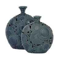 Blue Ceramic Floral Vase with Cut out Patterns Set of 2 16", 13"H