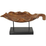 Brown Teak Wood Leaf Floating Decorative Sculpture with Black Stand and Base, 21" x 11" x 10"