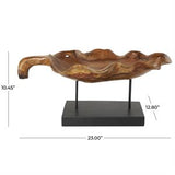 Brown Teak Wood Leaf Floating Decorative Sculpture with Black Stand and Base, 21" x 11" x 10"