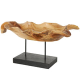 Brown Teak Wood Leaf Floating Decorative Sculpture with Black Stand and Base, 21" x 11" x 10"