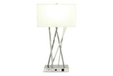Modern Style Metal Table Lamp with Rectangular White Drum Shade, USB Plug & Power Outlet | 16" X 29"