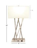 Modern Style Metal Table Lamp with Rectangular White Drum Shade, USB Plug & Power Outlet | 16" X 29"