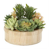 Green Faux Foliage Artifical Plant with Brown Wooden Pot - 8" X 8" X 7"