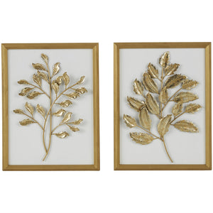Gold Wood Laef 3D Wall Decor with Beveled Frame Set of 2 13"W x 17"H