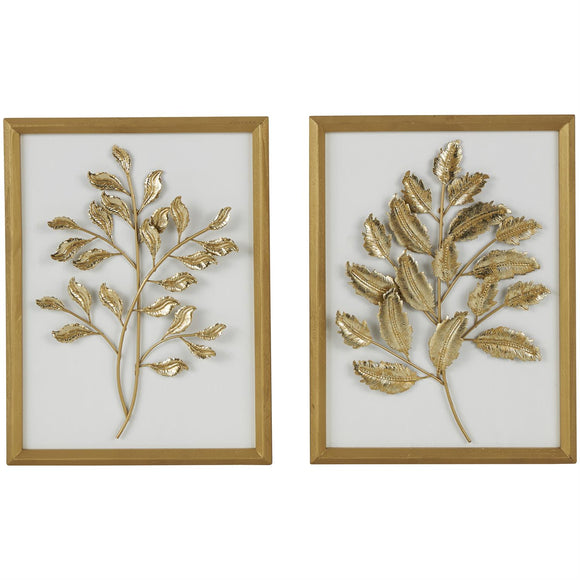 Gold Wood Laef 3D Wall Decor with Beveled Frame Set of 2 13