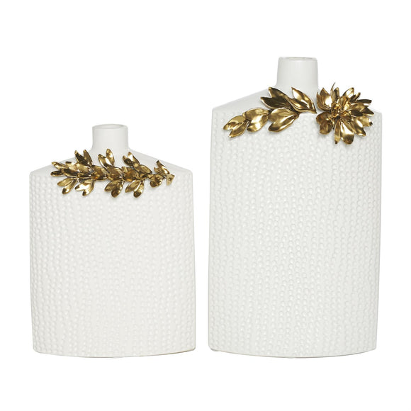 White Ceramic Vase with Abastract Spotted Pattern and Gold Leaf Accents Set of 2 16