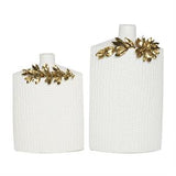 White Ceramic Vase with Abastract Spotted Pattern and Gold Leaf Accents Set of 2 16"x 12"H