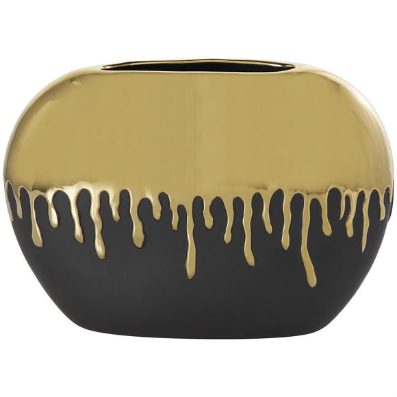 Black Ceramic Vase with Abstract Gold Melting Drips - 15