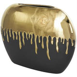 Black Ceramic Vase with Abstract Gold Melting Drips - 15" X 5" X 11"