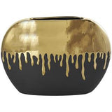 Black Ceramic Vase with Abstract Gold Melting Drips - 15" X 5" X 11"