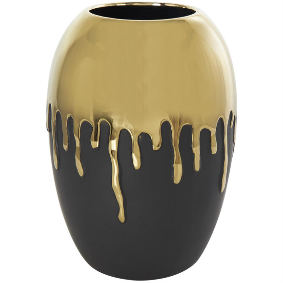 Black Ceramic Vase with Abstract Gold Melting Drips - 9
