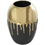 Black Ceramic Vase with Abstract Gold Melting Drips - 9" X 9" X 13"