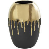 Black Ceramic Vase with Abstract Gold Melting Drips - 9" X 9" X 13"