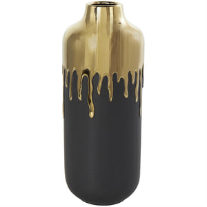 Black Ceramic Vase With Abstract Gold Melting Drips - 5" X 5" X 14"
