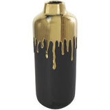 Black Ceramic Vase With Abstract Gold Melting Drips - 5" X 5" X 14"