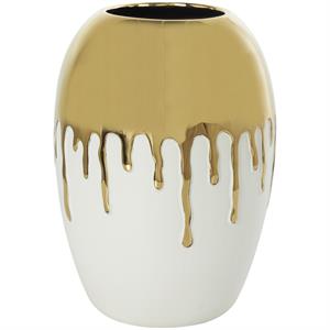 White Ceramic Vase with Abstract Gold Melting Drips - 9" X 9" X 13"