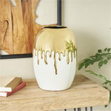 White Ceramic Vase with Abstract Gold Melting Drips - 9" X 9" X 13"
