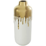 White Ceramic Vase with Abstract Gold Melting Drips - 5" X 5" X 14"