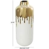 White Ceramic Vase with Abstract Gold Melting Drips - 5" X 5" X 14"