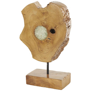 Brown Teak Wood Abstract Sculpture with Resin Embedded, 10" x 4" x 12"