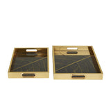 Gold Plastic Geometric Tray with Black Glass - Set of 2 16", 14"W