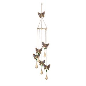 Gold Metal Butterfly Indoor Outdoor Embellished Windchime with Glass Beads and Cone Bells, 5