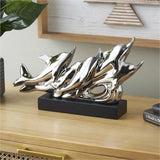 Silver Ceramic Dolphin Sculpture with Black Block Base - 15" X 3" X 9"