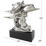 Silver Ceramic Dolphin Sculpture with Black Block Base - 10" X 4" X 9"