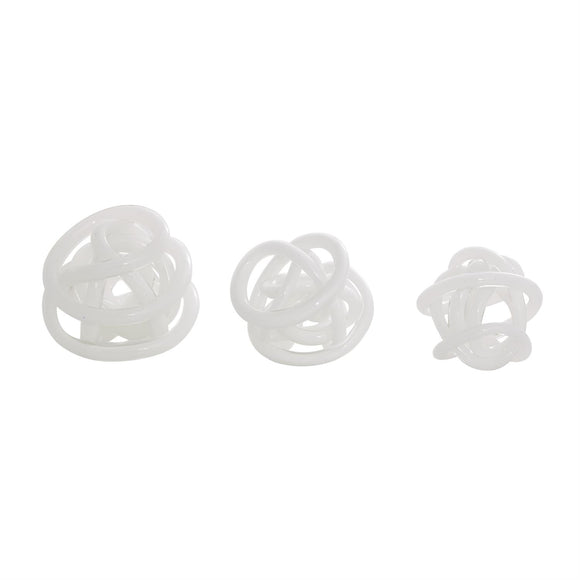 White Glass Abstract Handmade Iridescent Knotted Ball Sculpture  Set OF 3