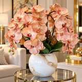 Luxury Peach Orchid Arrangement in White & Gold Marble Vase – 22"