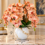 Luxury Peach Orchid Arrangement in White & Gold Marble Vase – 22"