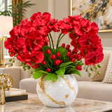Luxury Red Orchid Floral Arrangement in White & Gold Marble Vase – 24”