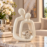 Modern Abstract Couple Sculpture with Crystal Glass Sphere – Ivory White